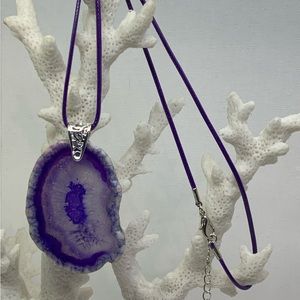 Purple Onyx Druzy Geode Agate Slice  Necklace on Purple Waxed Cotton Cord